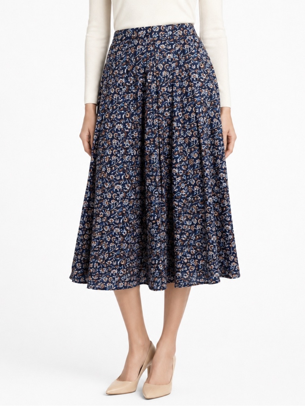 J. McLaughlin Calluna Pleated Midi Skirt Navy Floral “Mini Secret Garden” Print